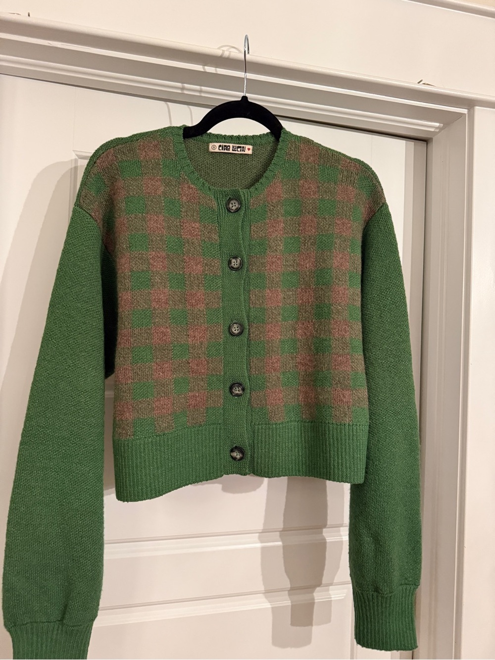 Ciao Lucia Green and Brown Checkered Knit Cardigan